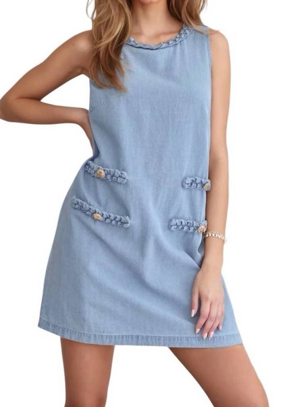 ENTRO lune braided detailed sleeveless sheath dress in light denim medium